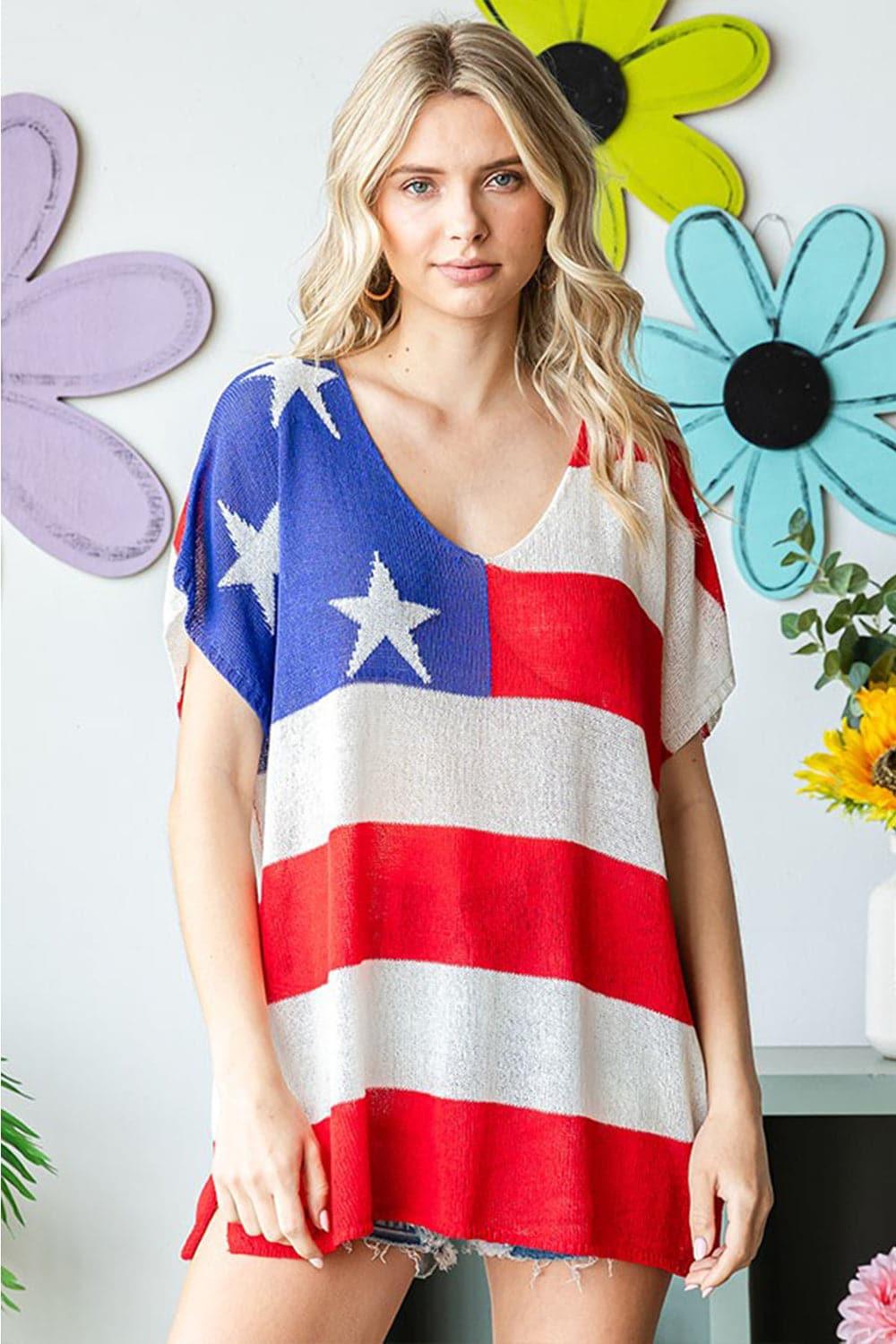 First Love USA Flag Drop Shoulder Knit Top - SwagglyLife Home & Fashion