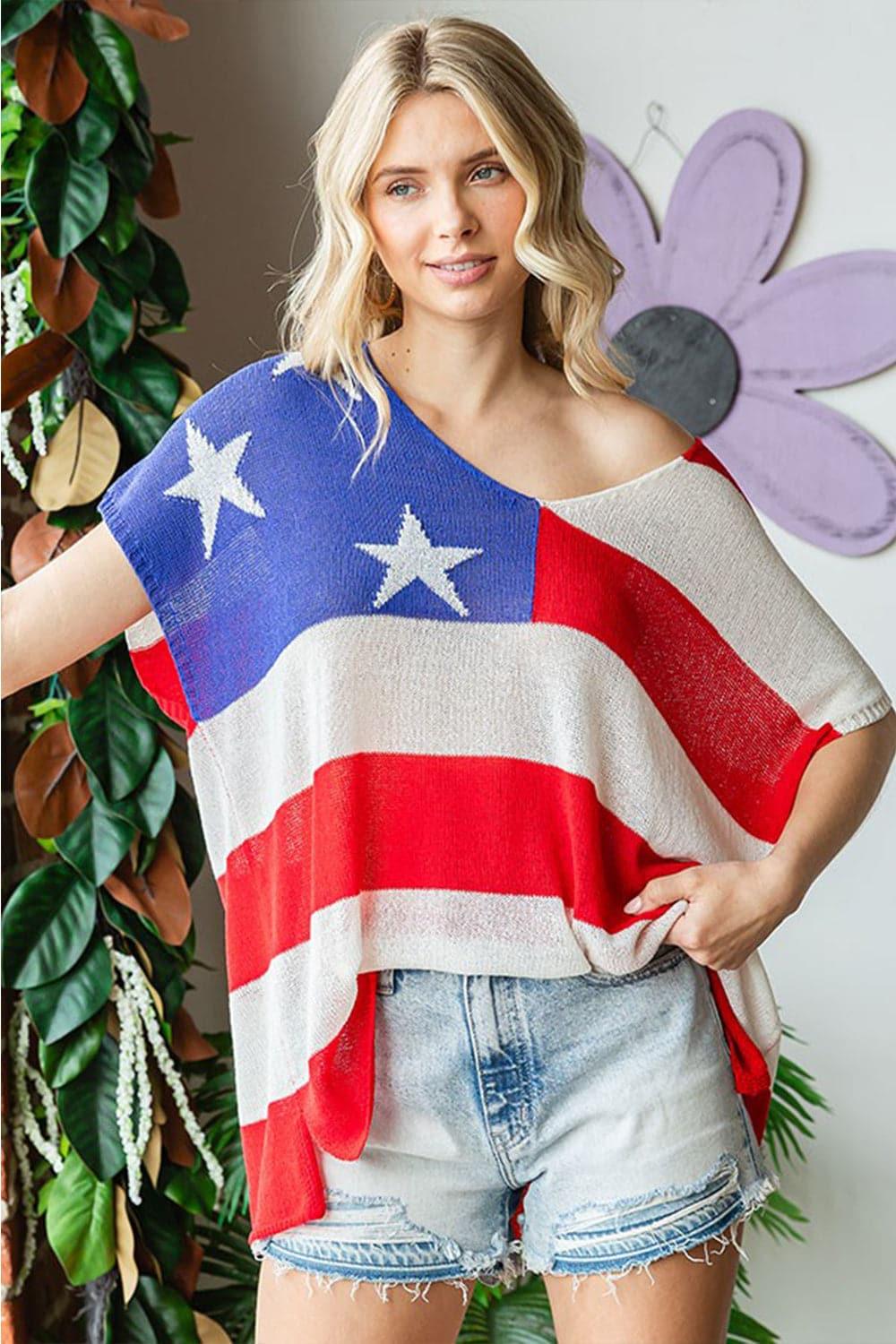 First Love USA Flag Drop Shoulder Knit Top - SwagglyLife Home & Fashion