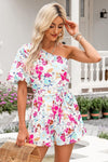 Floral Asymmetrical Neck Tie Waist Romper - SwagglyLife Home & Fashion