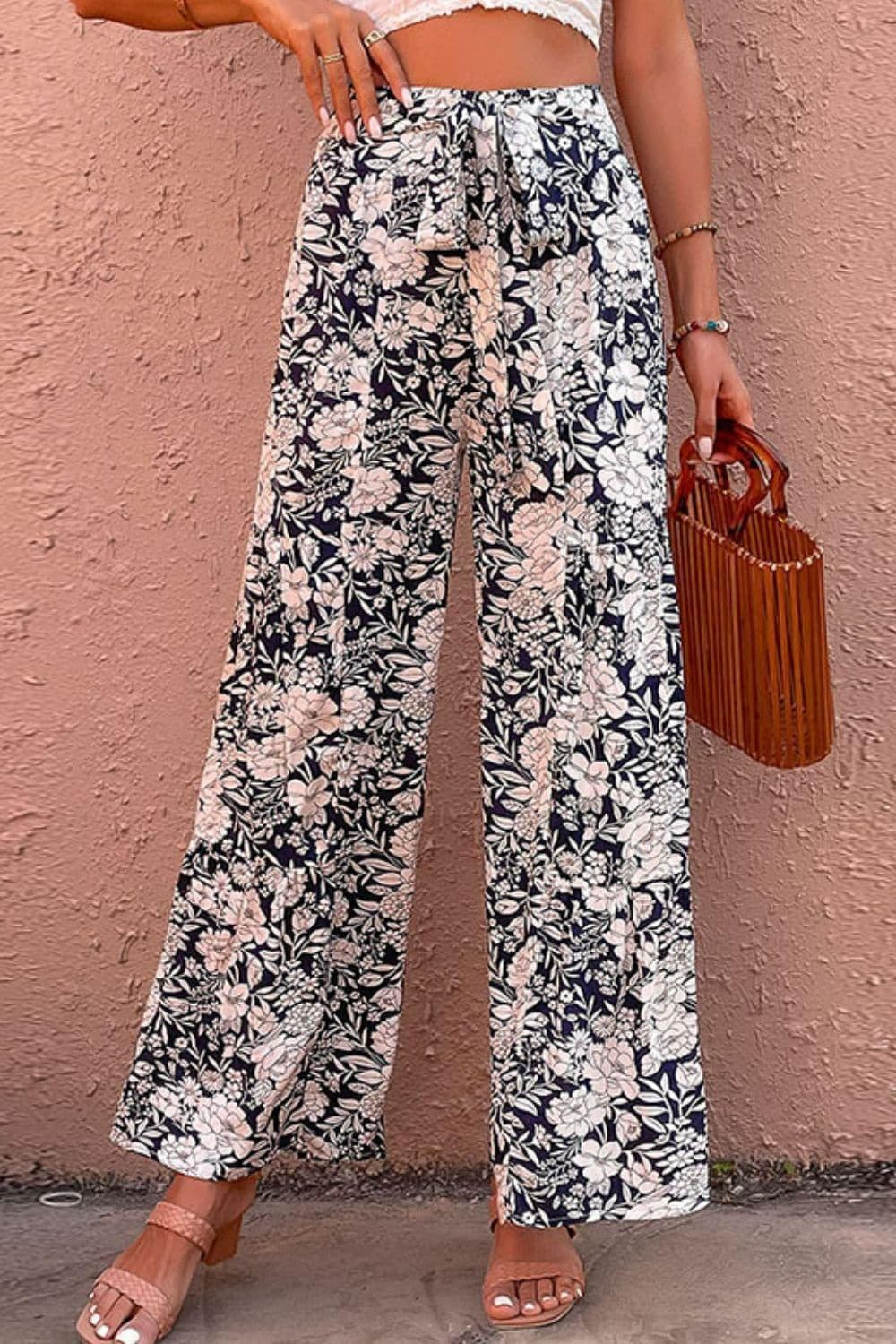 Floral Belted Wide Leg Pants - SwagglyLife Home & Fashion