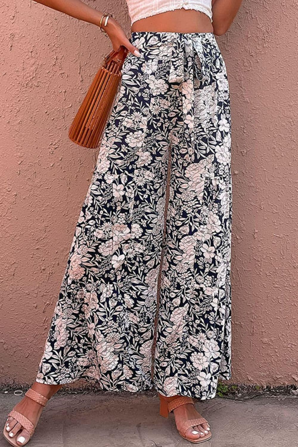 Floral Belted Wide Leg Pants - SwagglyLife Home & Fashion