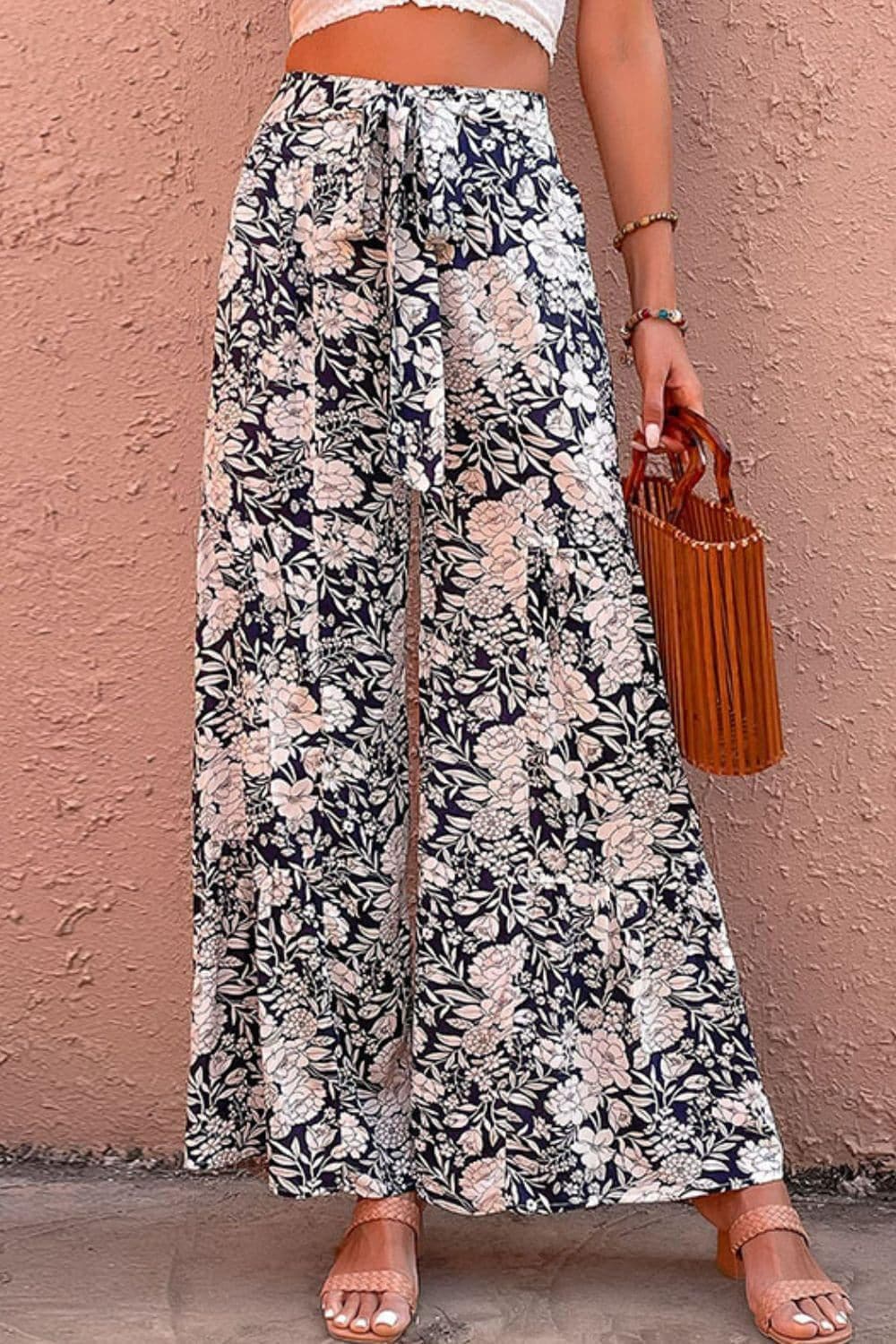 Floral Belted Wide Leg Pants - SwagglyLife Home & Fashion