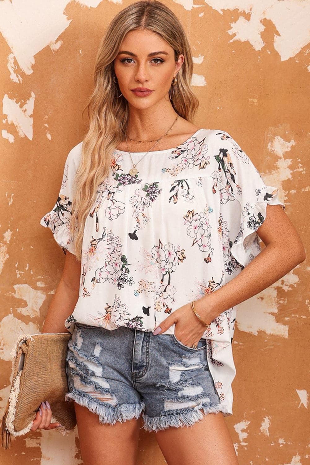 Floral Boat Neck Flounce Sleeve Blouse - SwagglyLife Home & Fashion