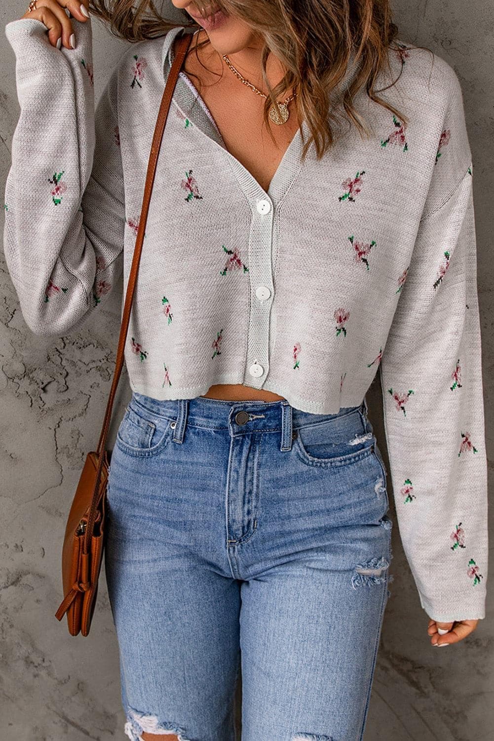 Floral Button Down Cropped Cardigan - SwagglyLife Home & Fashion