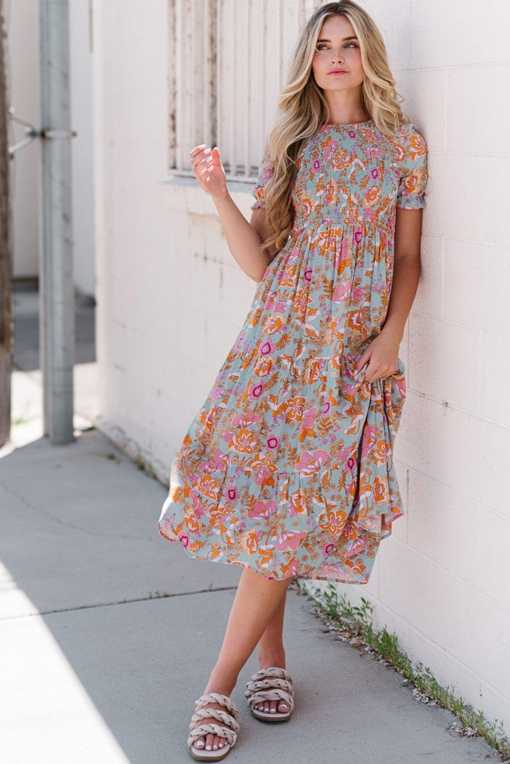 Floral Flounce Sleeve Round Neck Midi Dress - SwagglyLife Home & Fashion