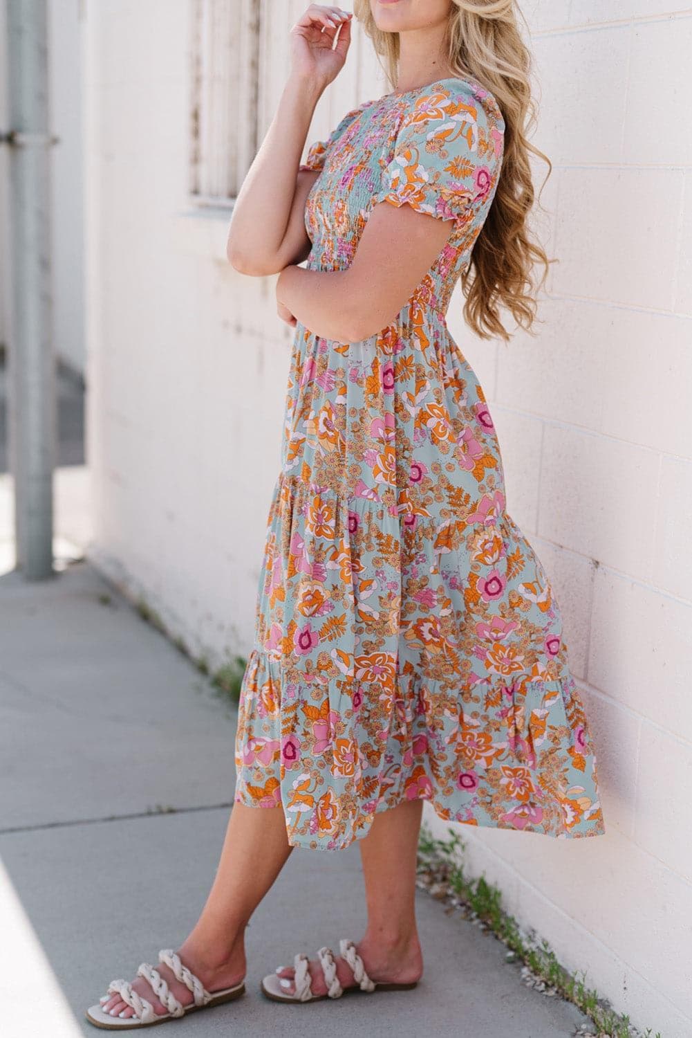 Floral Flounce Sleeve Round Neck Midi Dress - SwagglyLife Home & Fashion