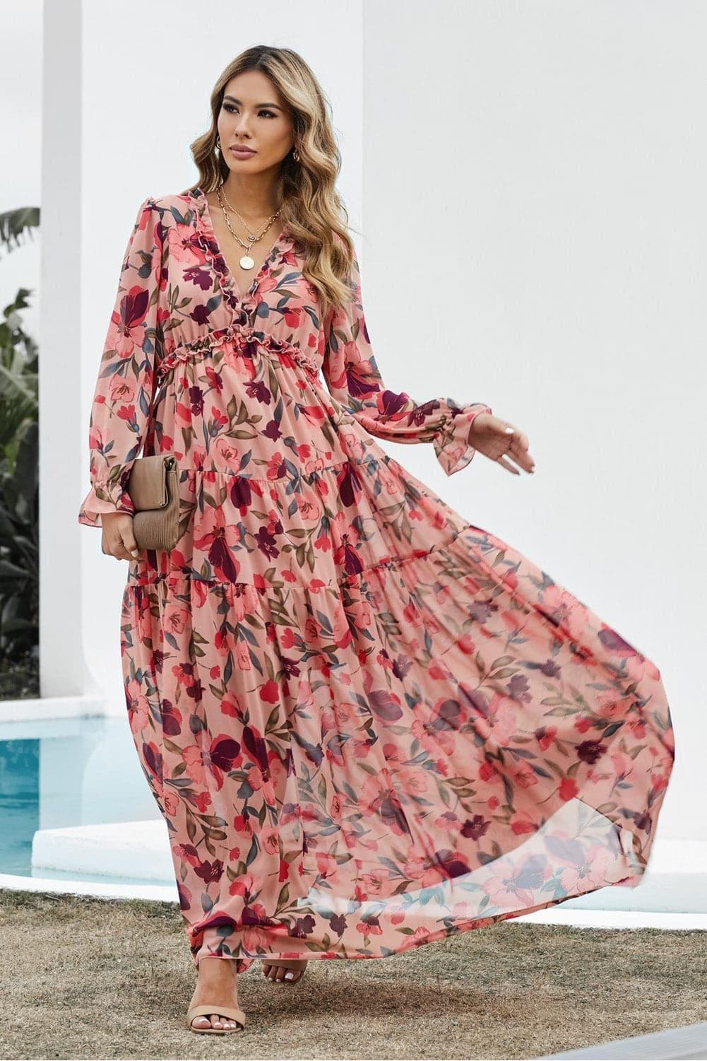 Floral Frill Trim Flounce Sleeve Plunge Maxi Dress - SwagglyLife Home & Fashion