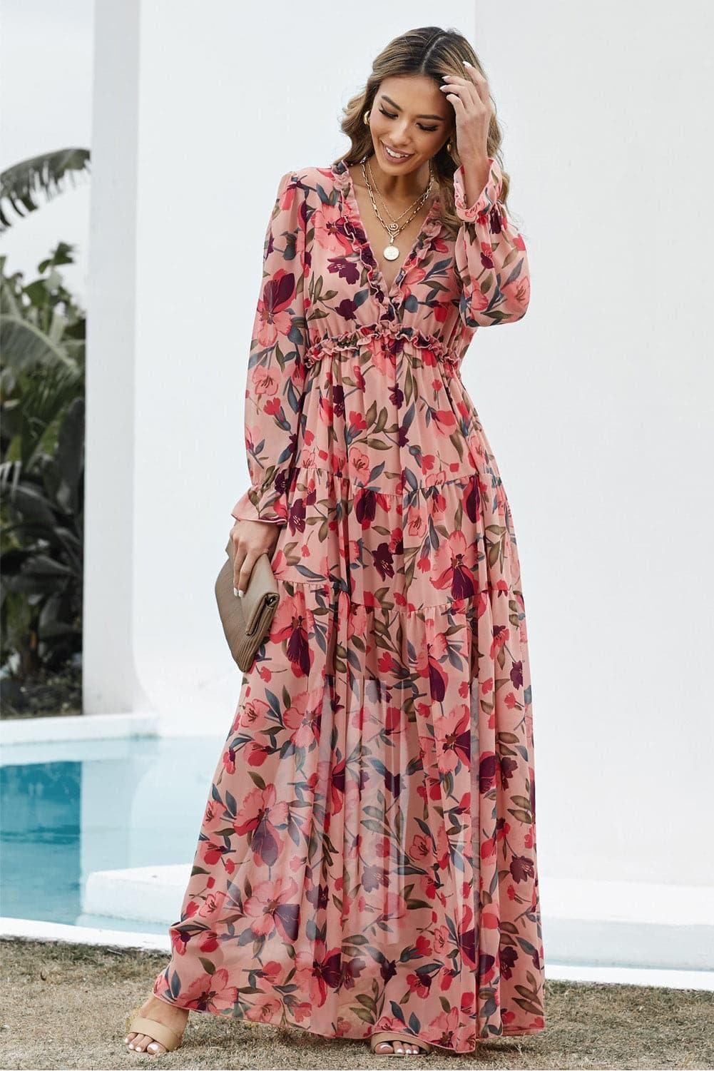 Floral Frill Trim Flounce Sleeve Plunge Maxi Dress - SwagglyLife Home & Fashion