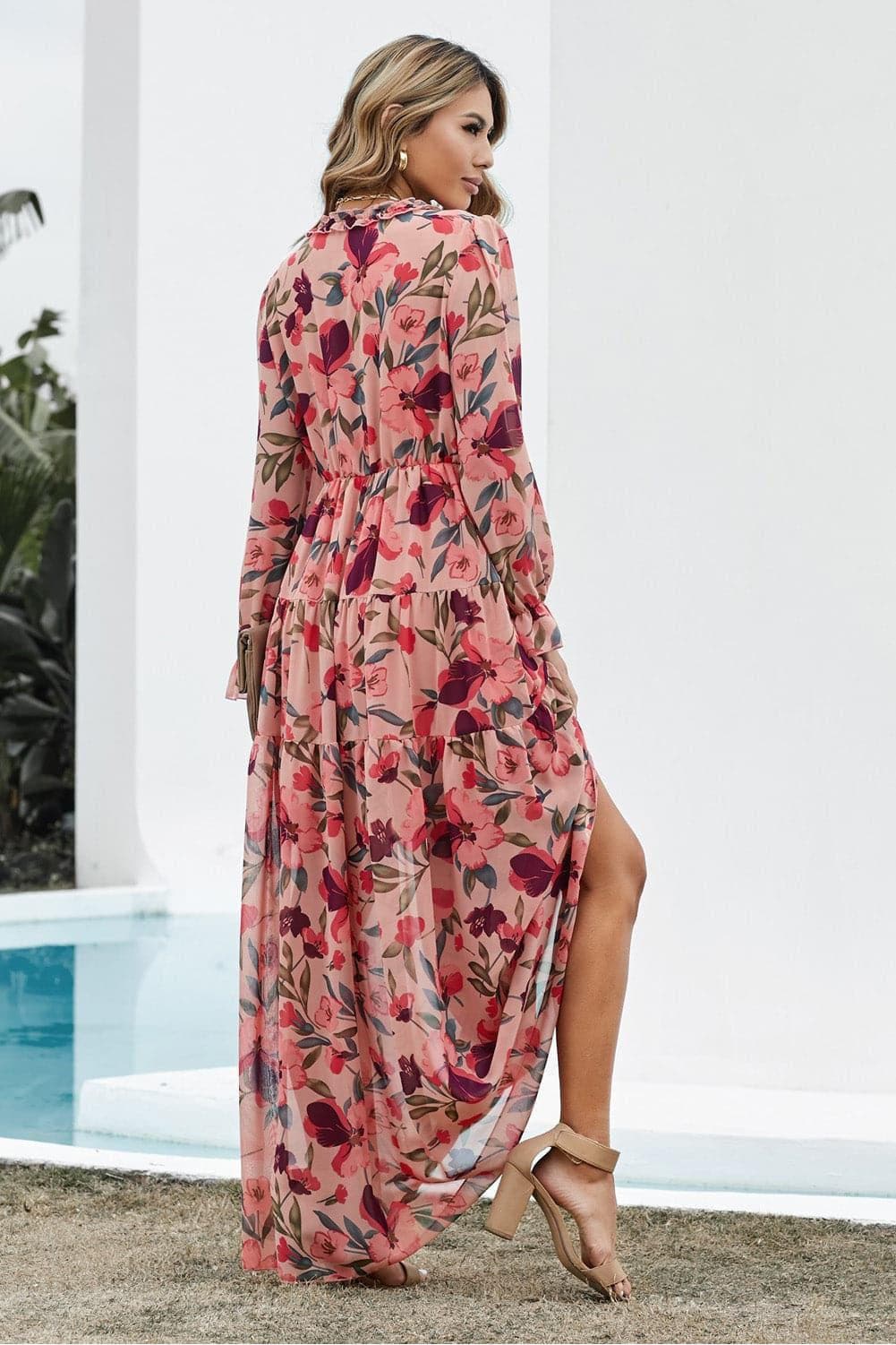 Floral Frill Trim Flounce Sleeve Plunge Maxi Dress - SwagglyLife Home & Fashion