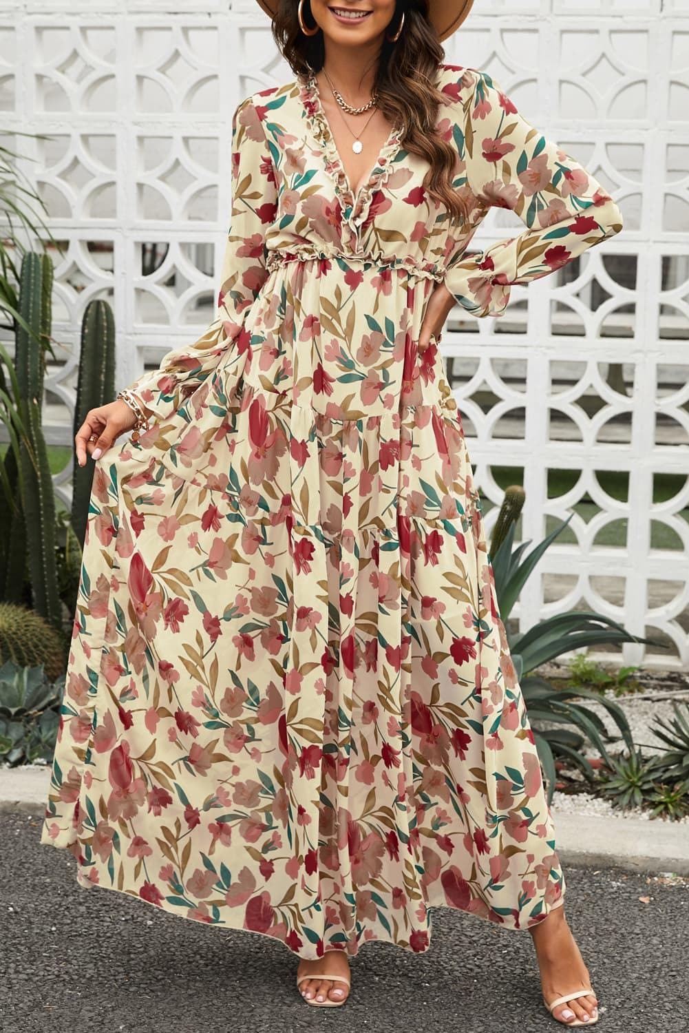 Floral Frill Trim Flounce Sleeve Plunge Maxi Dress - SwagglyLife Home & Fashion