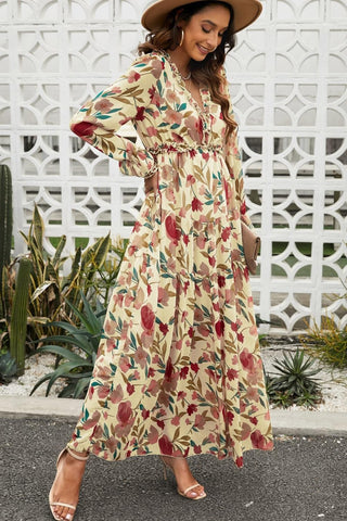 Floral Frill Trim Flounce Sleeve Plunge Maxi Dress - SwagglyLife Home & Fashion