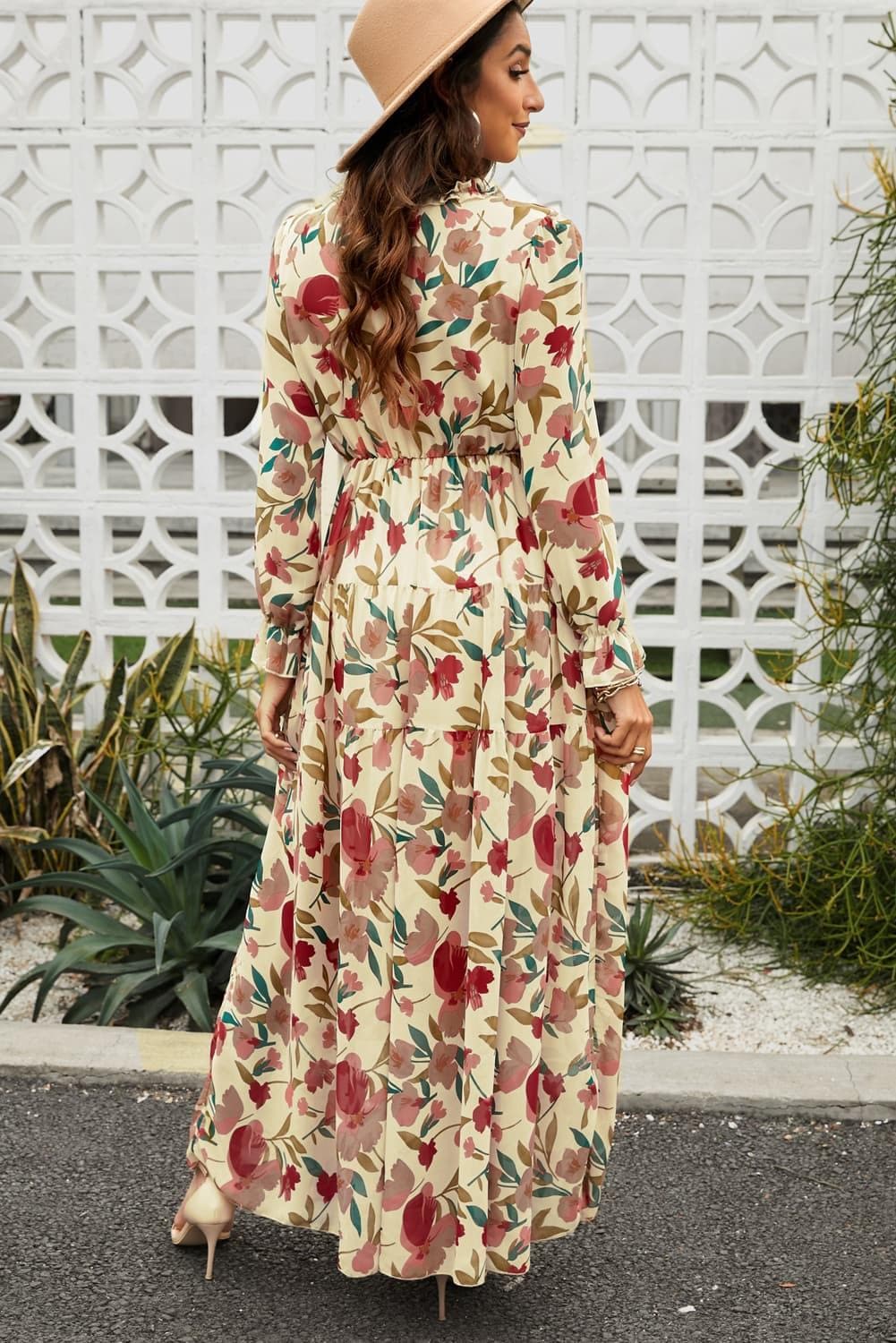 Floral Frill Trim Flounce Sleeve Plunge Maxi Dress - SwagglyLife Home & Fashion