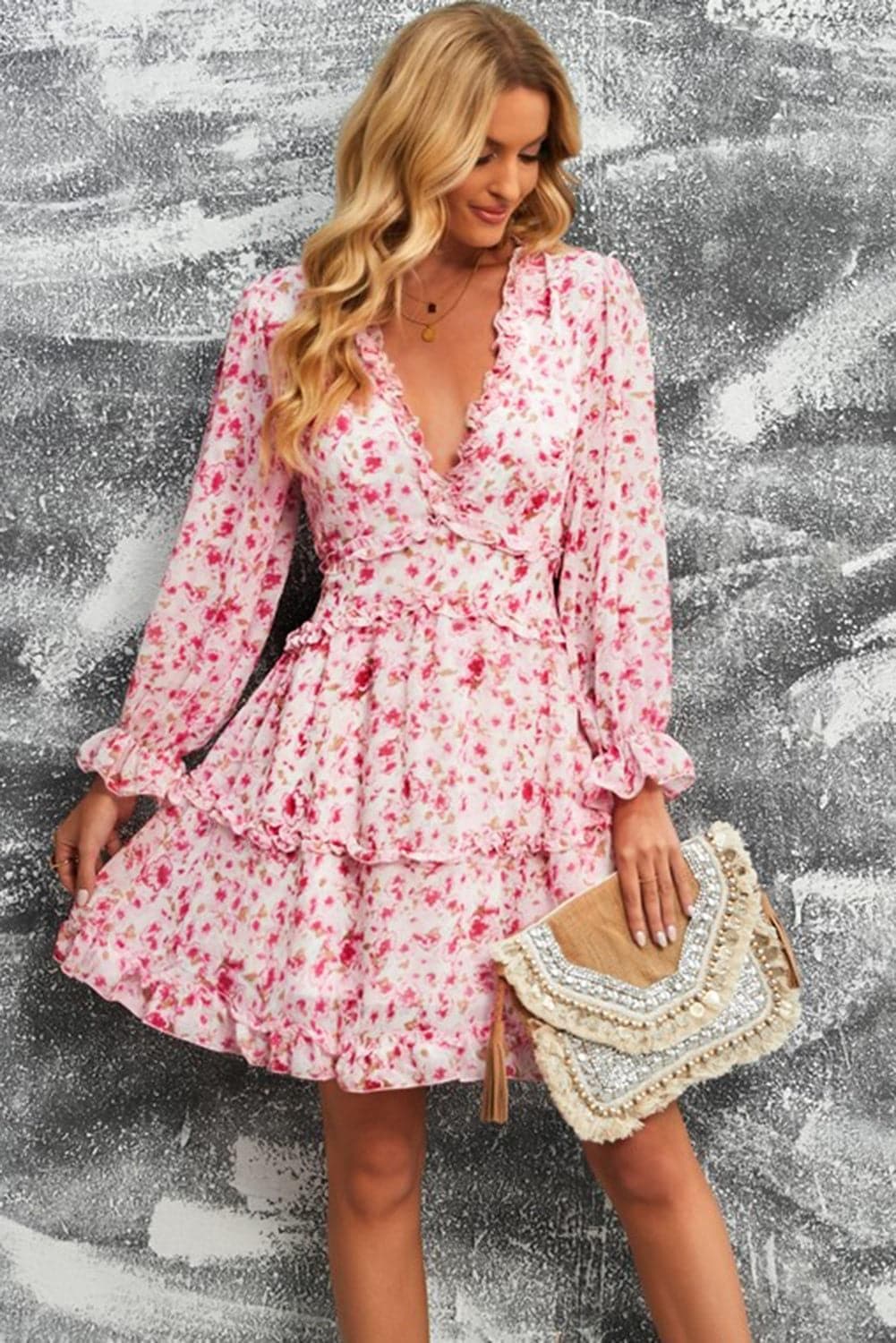 Floral Frill Trim Plunge Flounce Sleeve Dress - SwagglyLife Home & Fashion