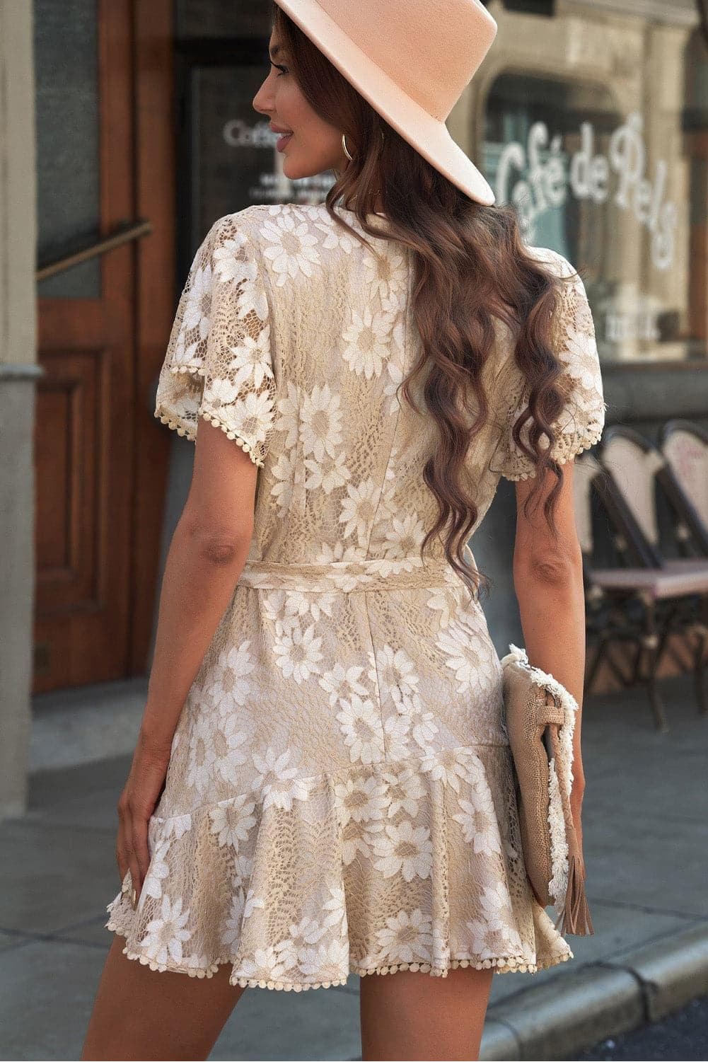 Floral Lace Pompom Detail Tie-Waist Flutter Sleeve Dress - SwagglyLife Home & Fashion