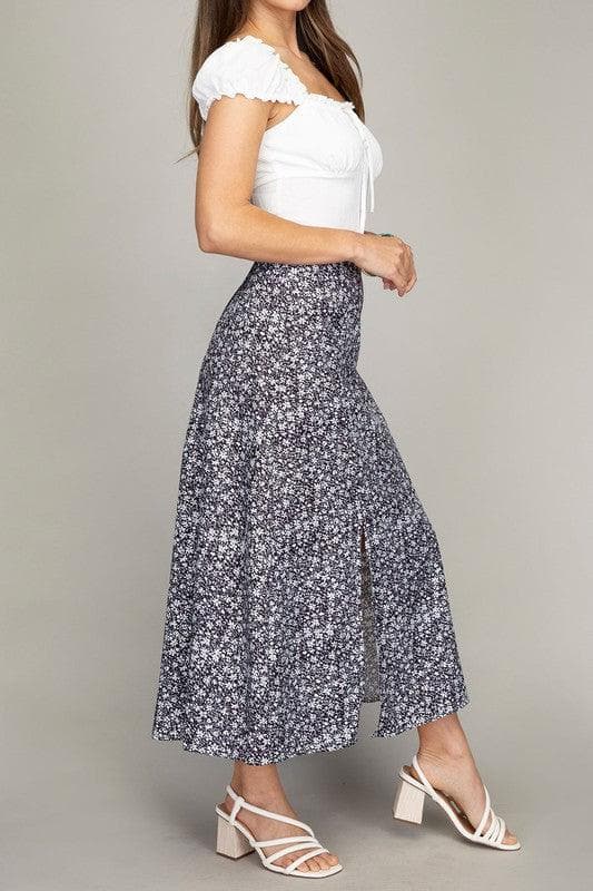 Floral Midi Skirt with Slit, Multiple Colors - SwagglyLife Home & Fashion