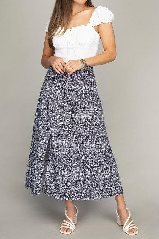 Floral Midi Skirt with Slit, Multiple Colors - SwagglyLife Home & Fashion