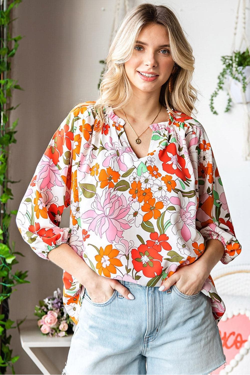 Floral Notched Neck Balloon Sleeve Blouse - SwagglyLife Home & Fashion