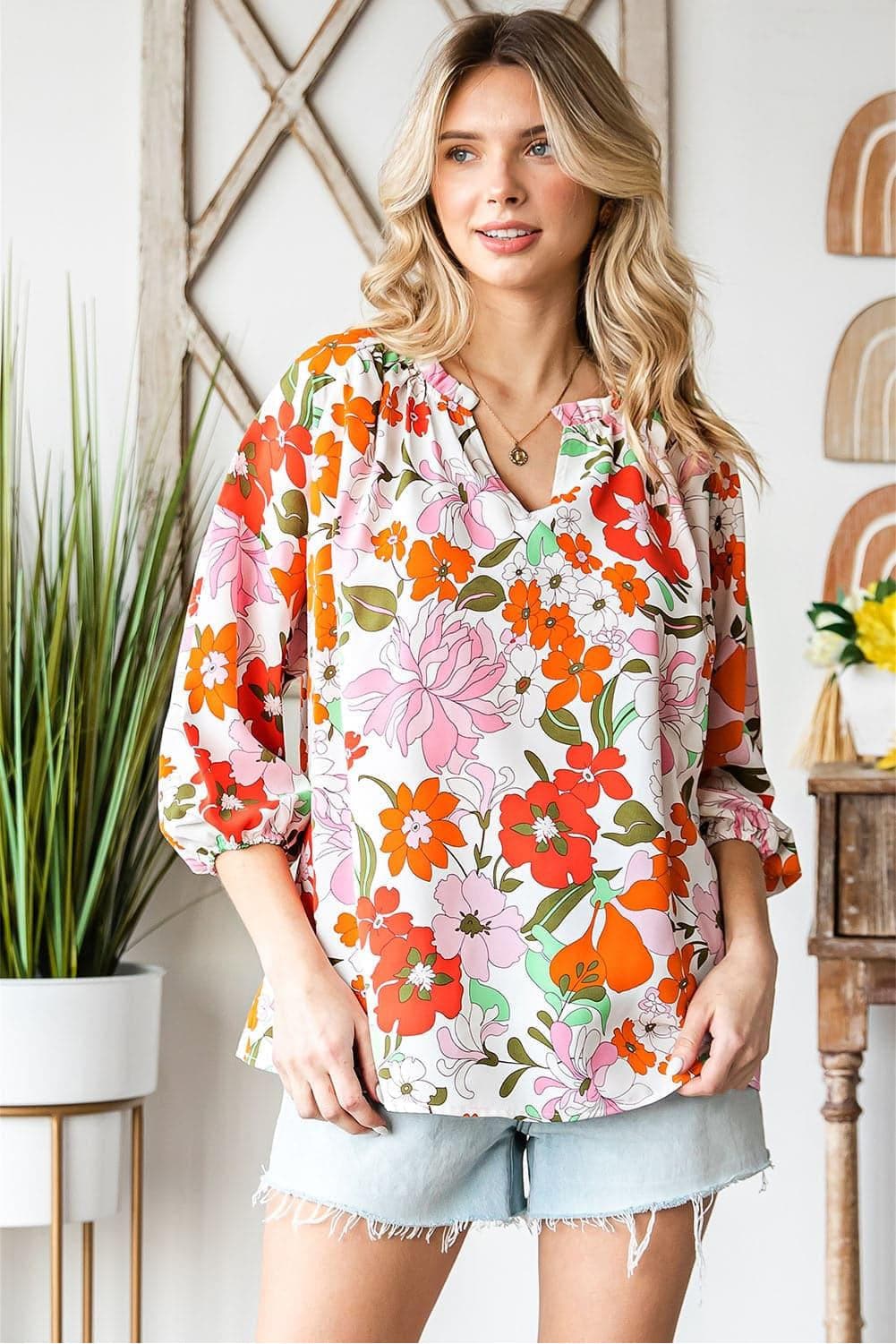 Floral Notched Neck Balloon Sleeve Blouse - SwagglyLife Home & Fashion