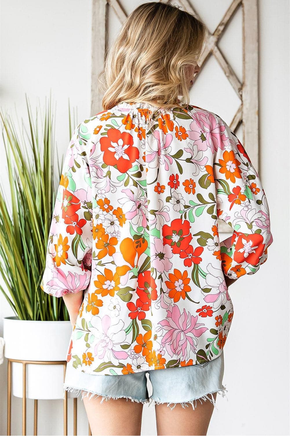 Floral Notched Neck Balloon Sleeve Blouse - SwagglyLife Home & Fashion