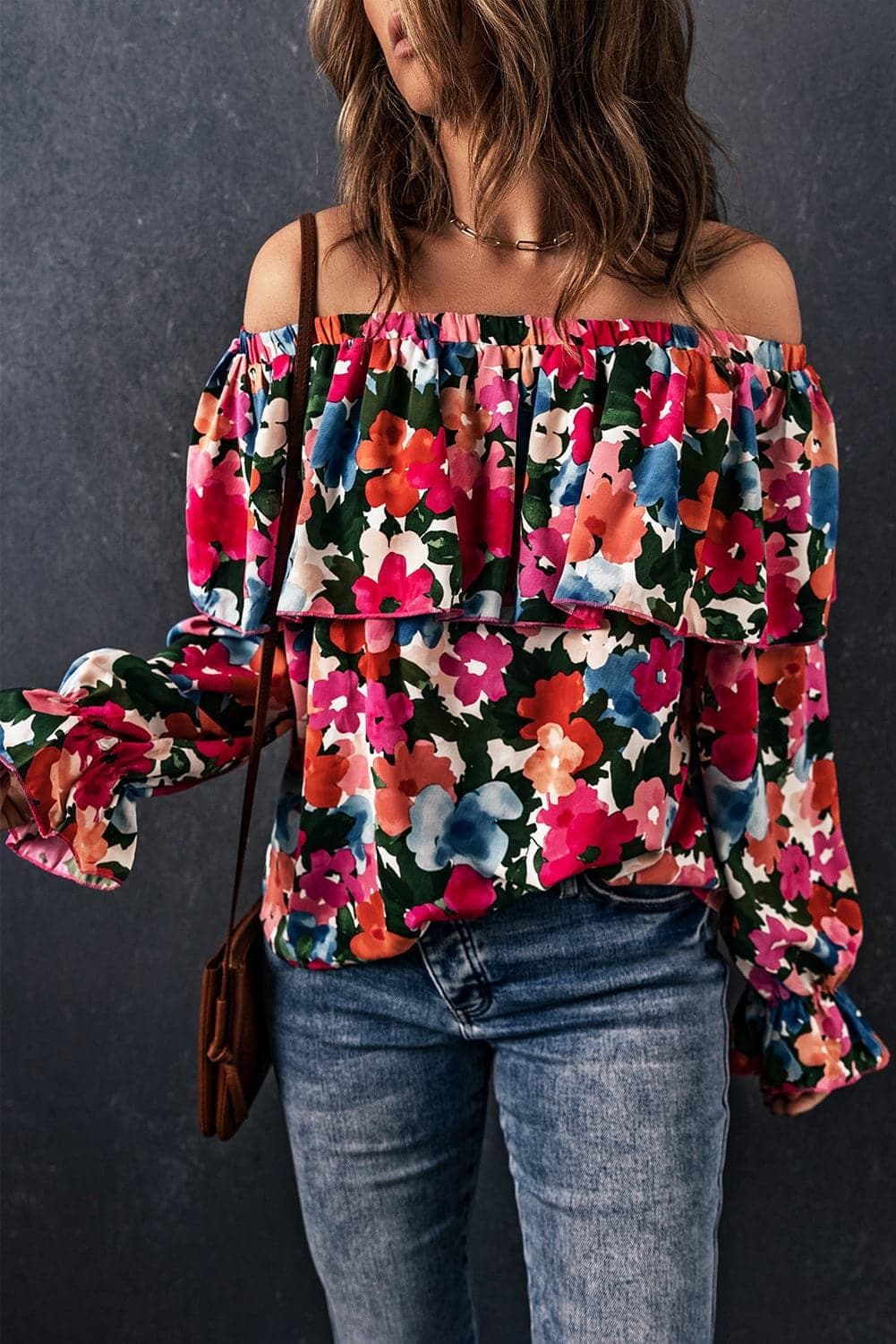 Floral Off-Shoulder Flounce Sleeve Layered Blouse - SwagglyLife Home & Fashion