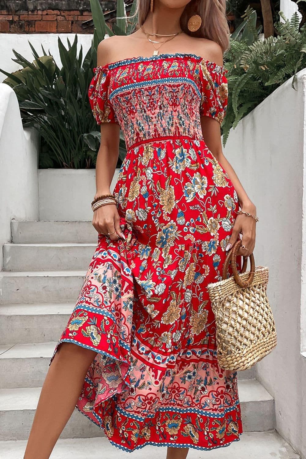 Floral Off-Shoulder Smocked Midi Dress - SwagglyLife Home & Fashion