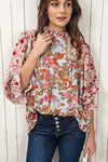 Floral Print Flounce Sleeve Mock Neck Blouse - SwagglyLife Home & Fashion