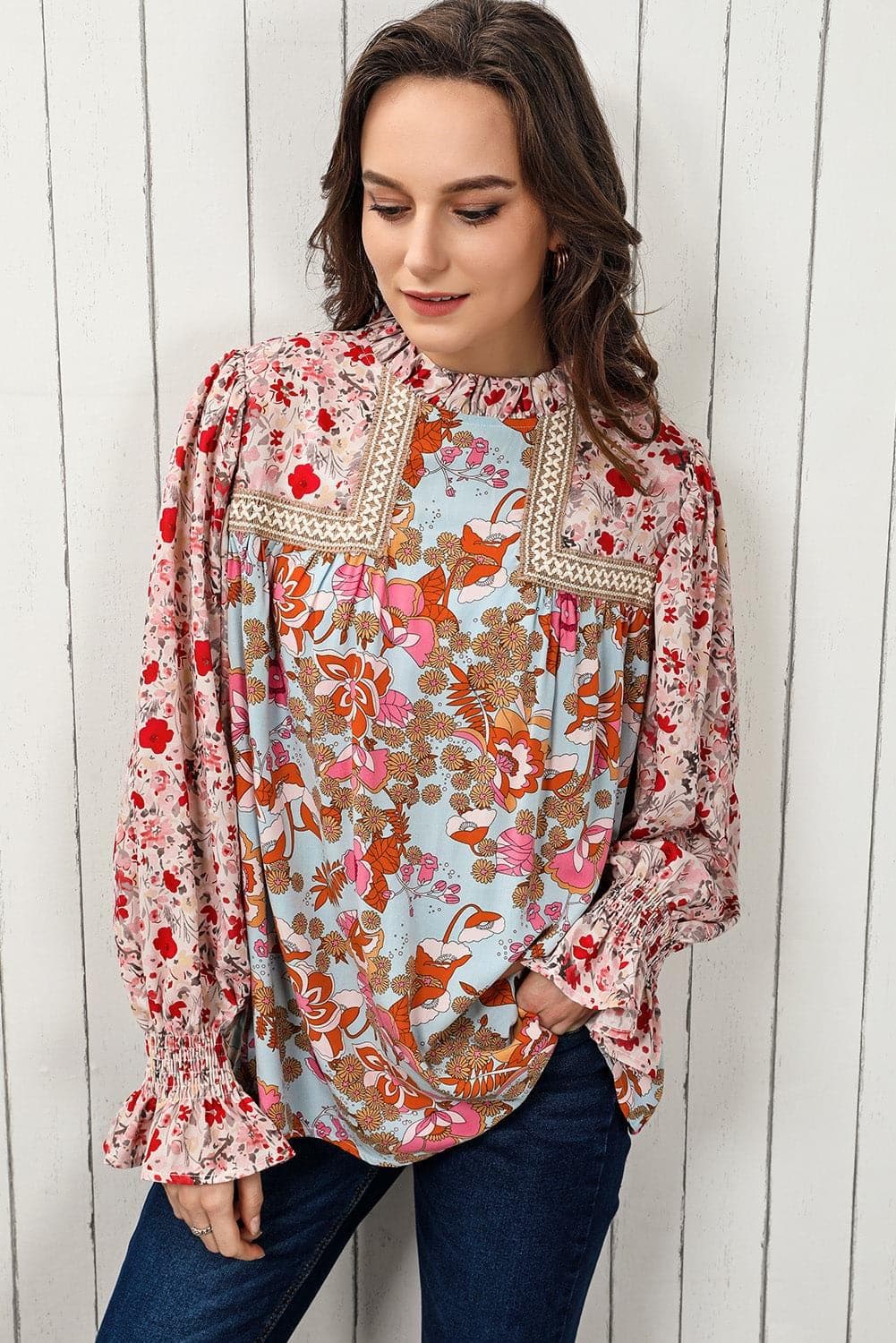 Floral Print Flounce Sleeve Mock Neck Blouse - SwagglyLife Home & Fashion