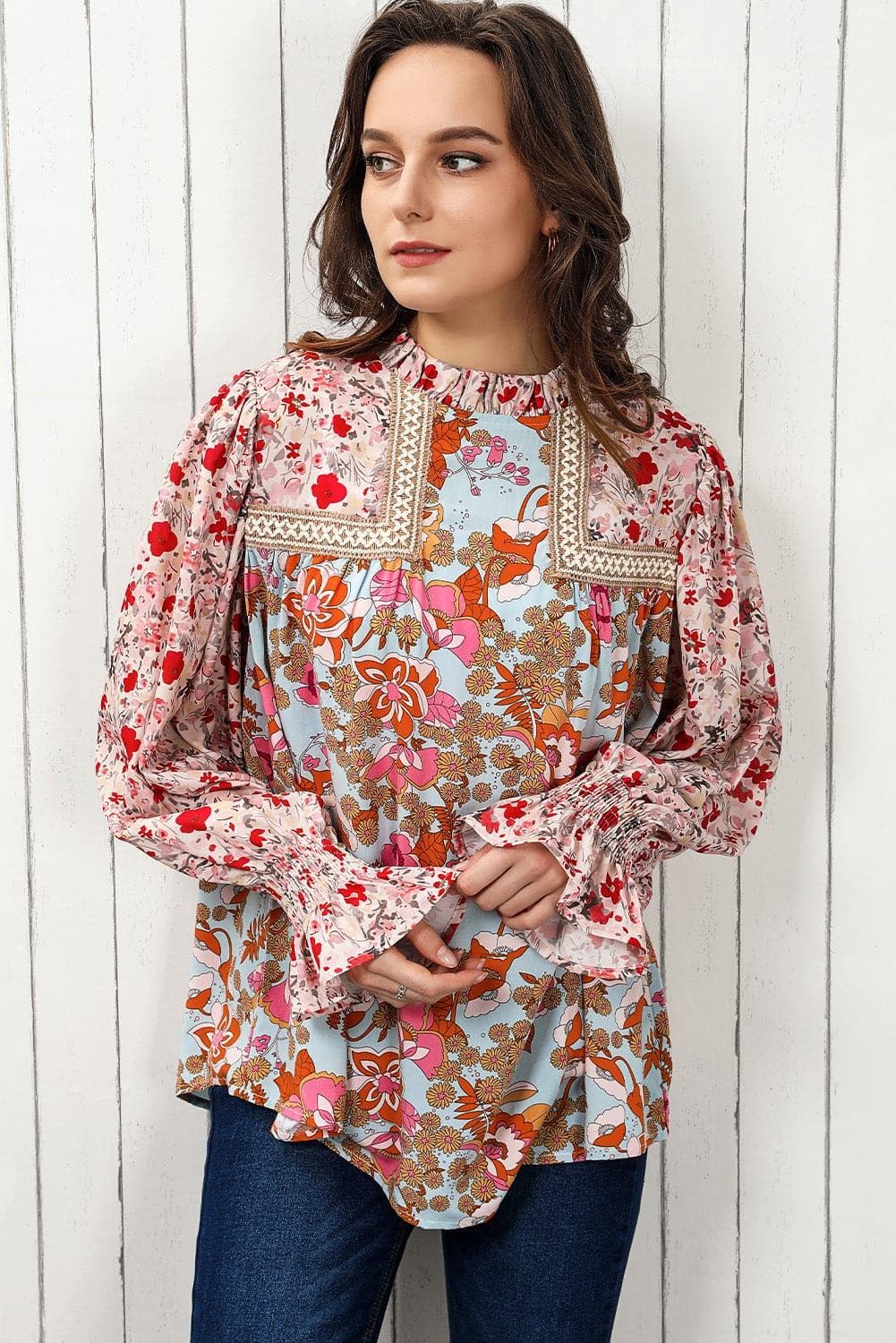 Floral Print Flounce Sleeve Mock Neck Blouse - SwagglyLife Home & Fashion