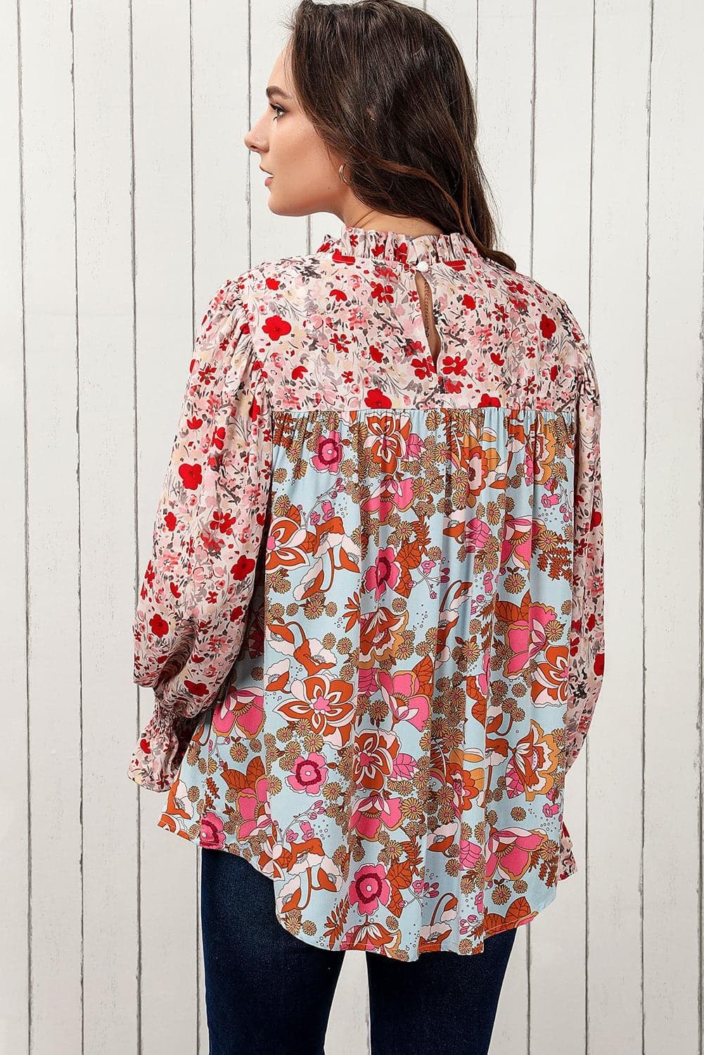 Floral Print Flounce Sleeve Mock Neck Blouse - SwagglyLife Home & Fashion