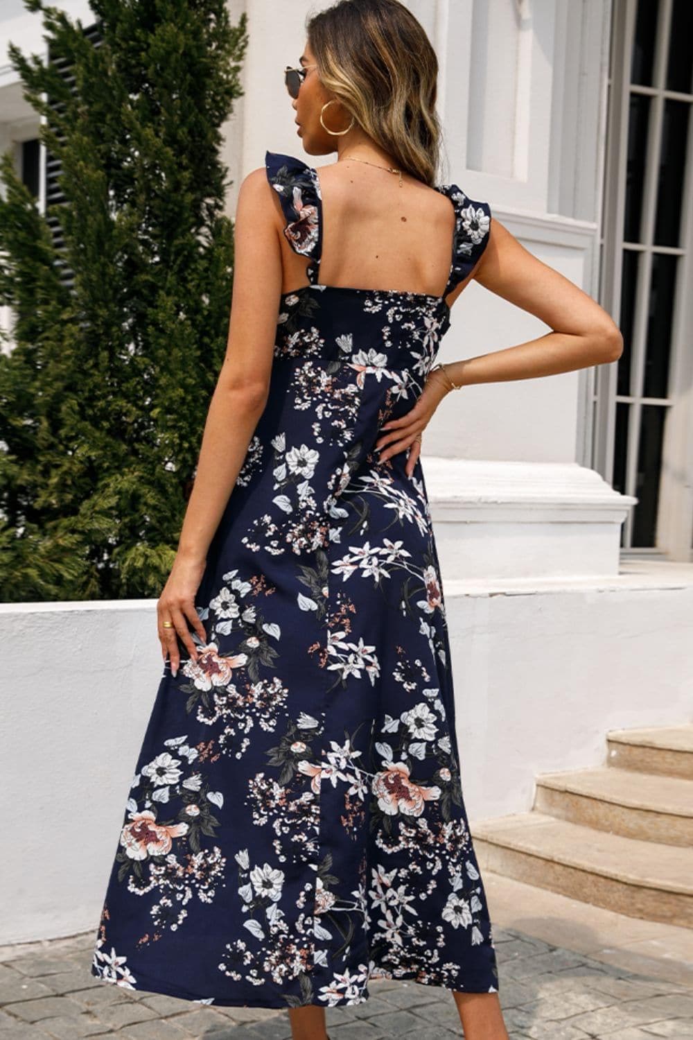 Floral Print Sleeveless Square Neck Slit Midi Dress - SwagglyLife Home & Fashion