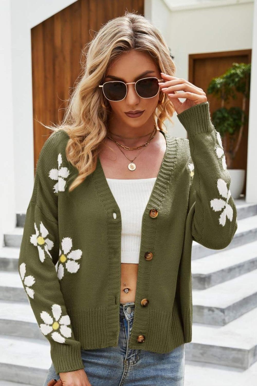 Floral Ribbed Trim Drop Shoulder Cardigan, Multiple Colors - SwagglyLife Home & Fashion