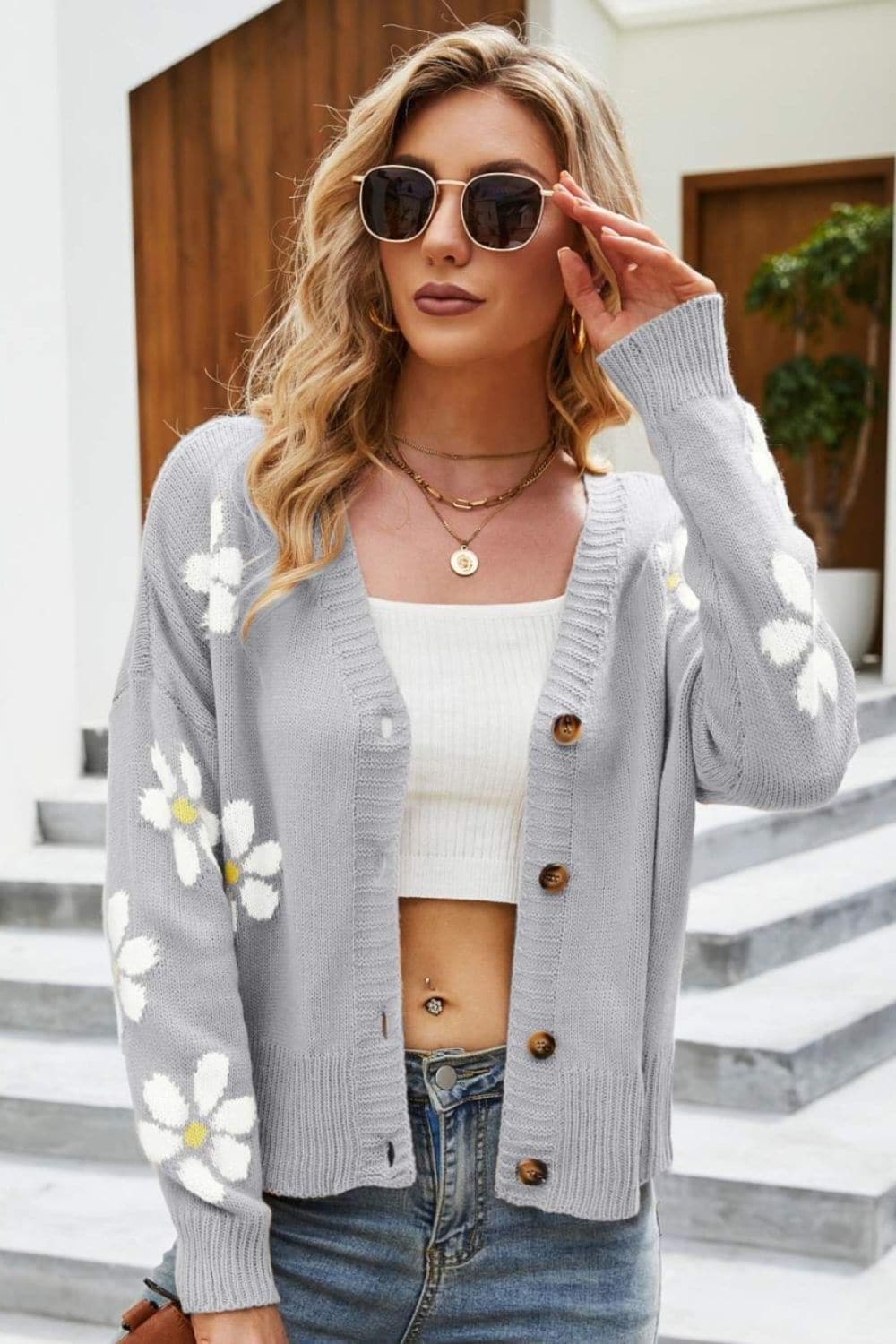 Floral Ribbed Trim Drop Shoulder Cardigan, Multiple Colors - SwagglyLife Home & Fashion
