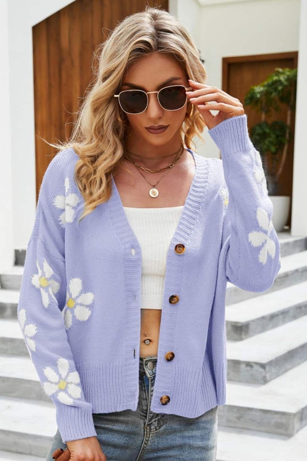 Floral Ribbed Trim Drop Shoulder Cardigan, Multiple Colors - SwagglyLife Home & Fashion