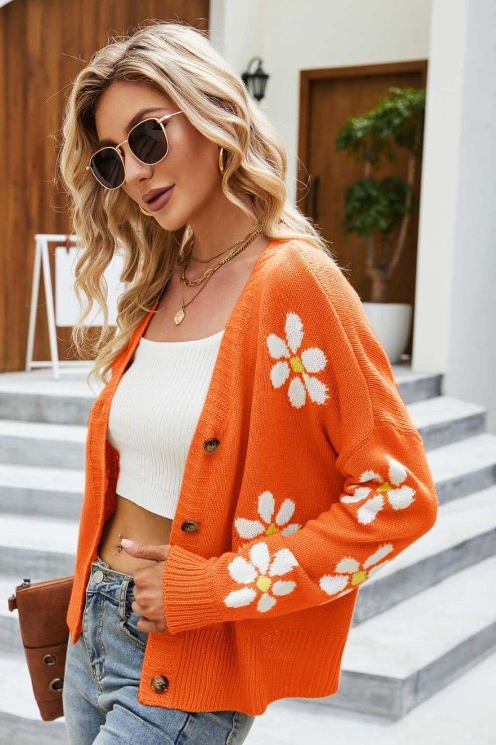 Floral Ribbed Trim Drop Shoulder Cardigan, Multiple Colors - SwagglyLife Home & Fashion