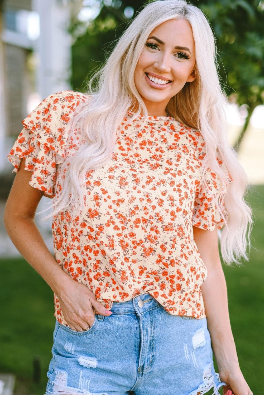 Floral Round Neck Flutter Sleeve Blouse - SwagglyLife Home & Fashion