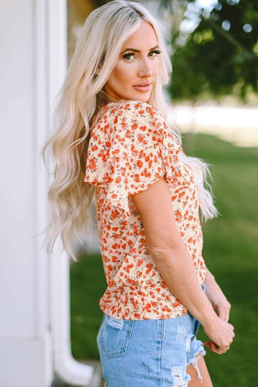 Floral Round Neck Flutter Sleeve Blouse - SwagglyLife Home & Fashion