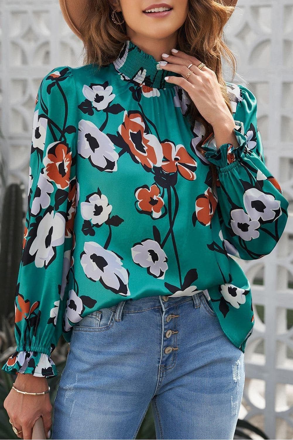 Floral Smocked Mock Neck Flounce Sleeve Blouse - SwagglyLife Home & Fashion