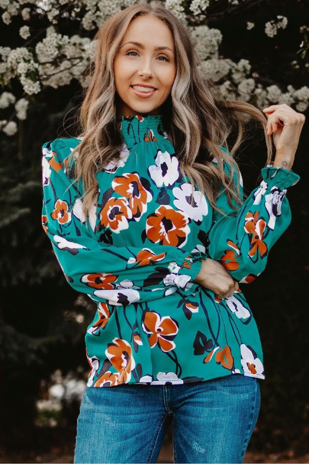 Floral Smocked Mock Neck Flounce Sleeve Blouse - SwagglyLife Home & Fashion