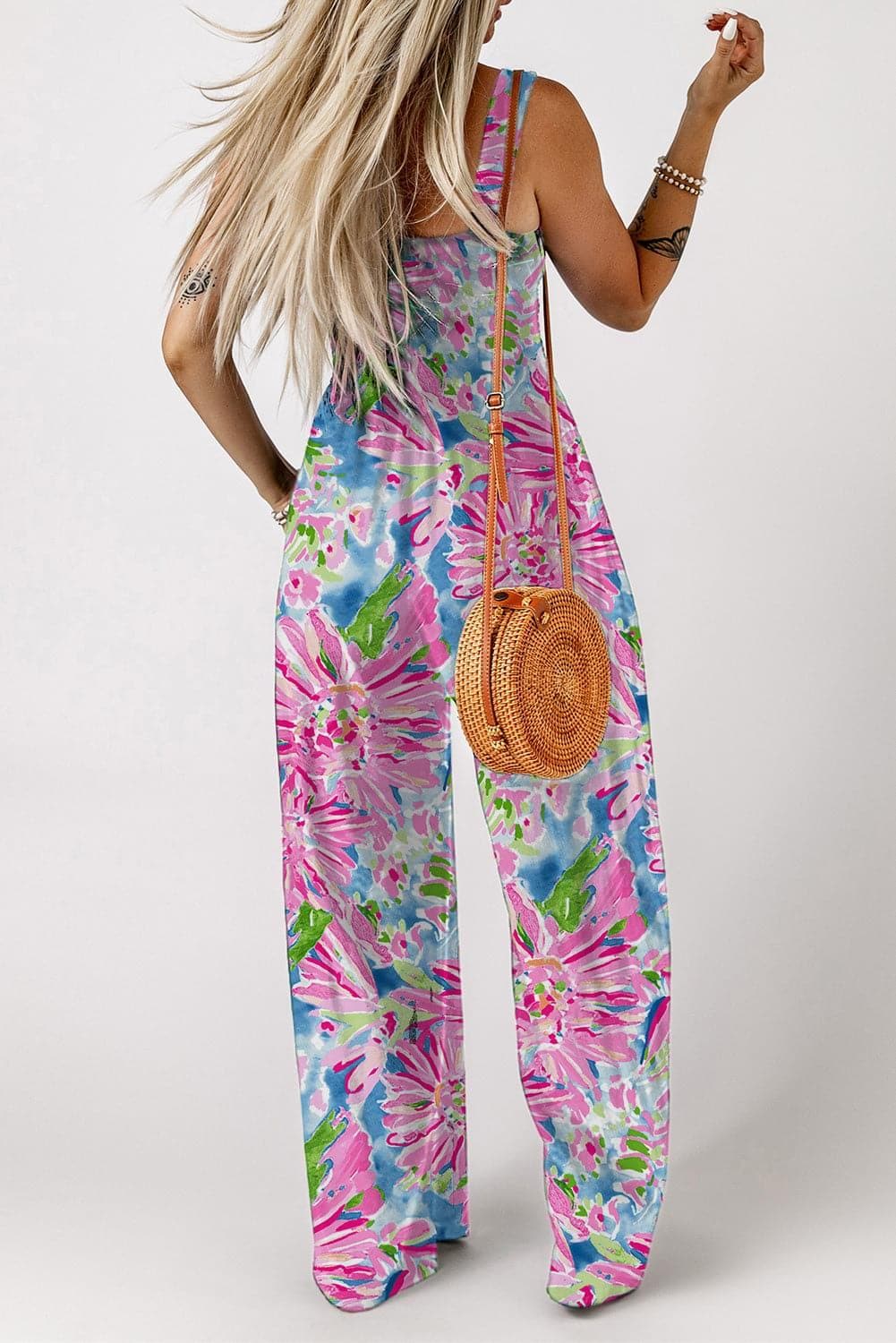Floral Smocked Square Neck Jumpsuit with Pockets - SwagglyLife Home & Fashion