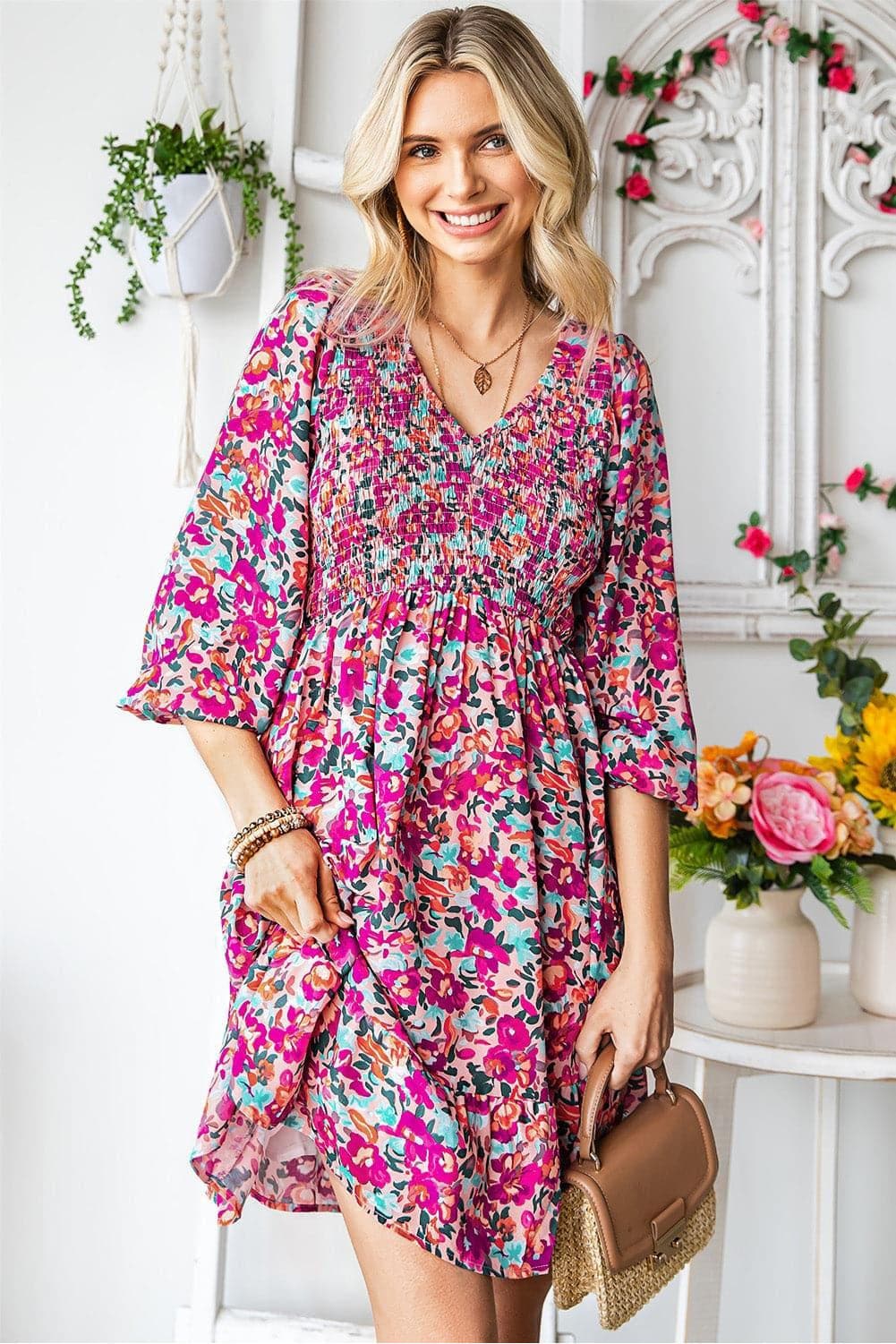 Floral Smocked V-Neck Flounce Sleeve Dress - SwagglyLife Home & Fashion