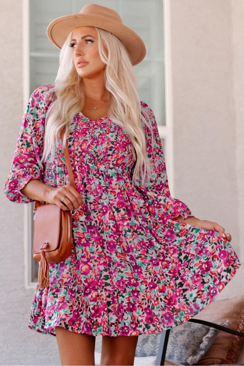 Floral Smocked V-Neck Flounce Sleeve Dress - SwagglyLife Home & Fashion