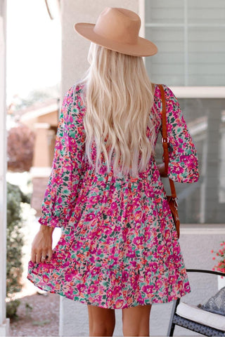 Floral Smocked V-Neck Flounce Sleeve Dress - SwagglyLife Home & Fashion