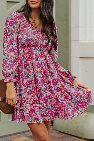 Floral Smocked V-Neck Flounce Sleeve Dress - SwagglyLife Home & Fashion