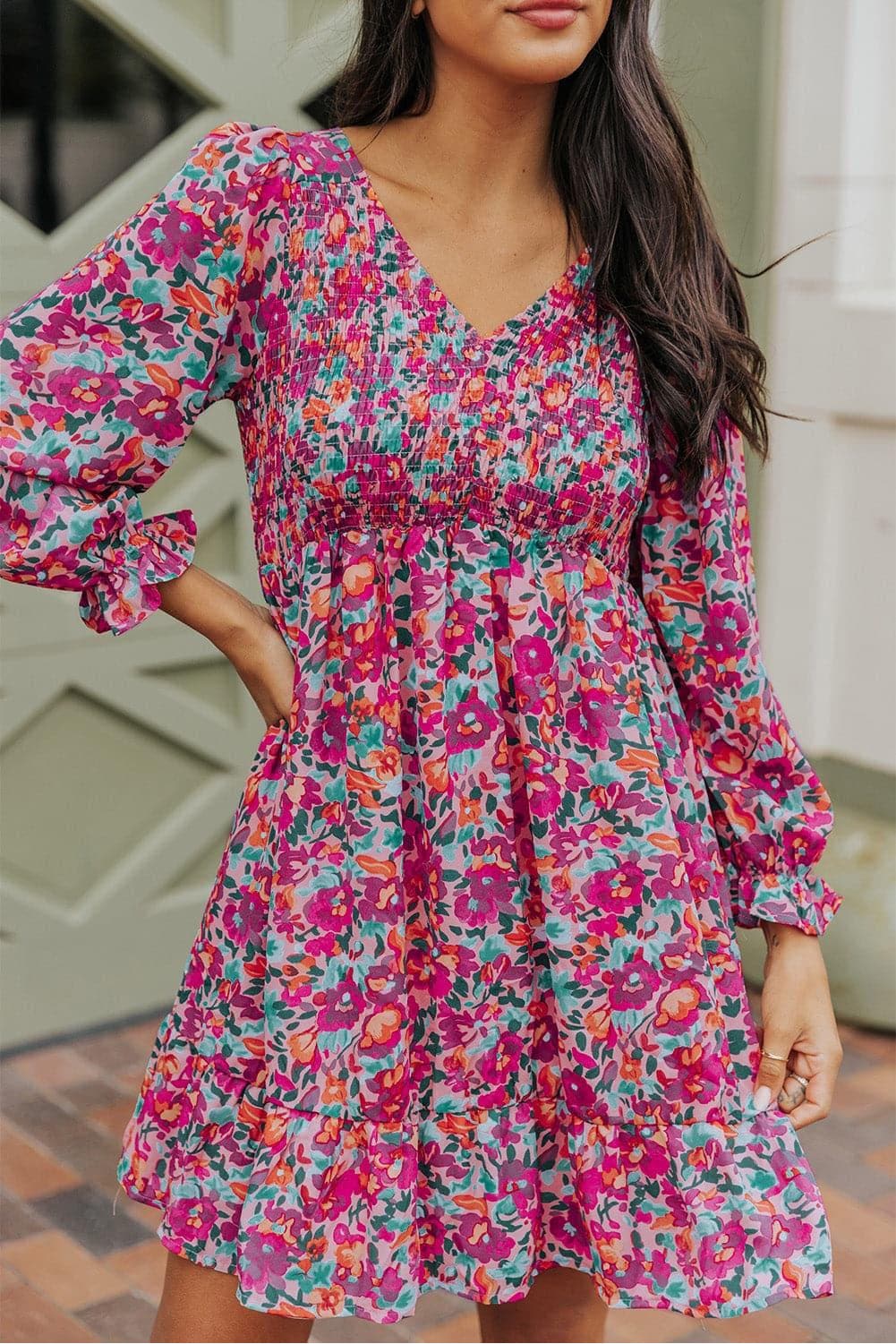 Floral Smocked V-Neck Flounce Sleeve Dress - SwagglyLife Home & Fashion