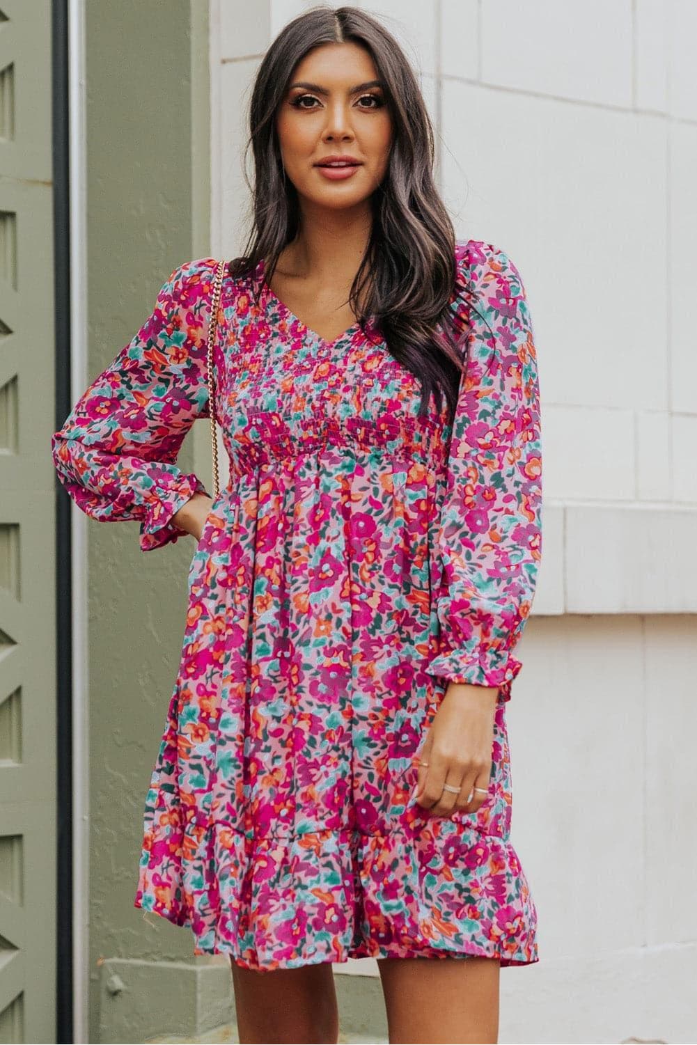 Floral Smocked V-Neck Flounce Sleeve Dress - SwagglyLife Home & Fashion