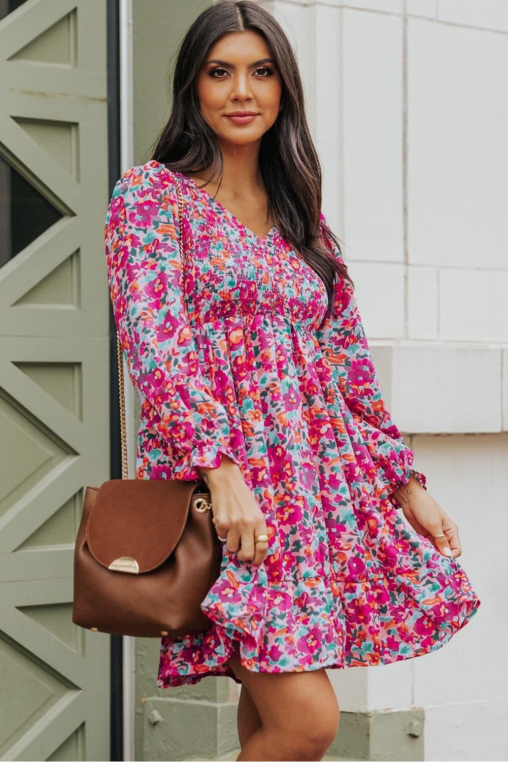 Floral Smocked V-Neck Flounce Sleeve Dress - SwagglyLife Home & Fashion