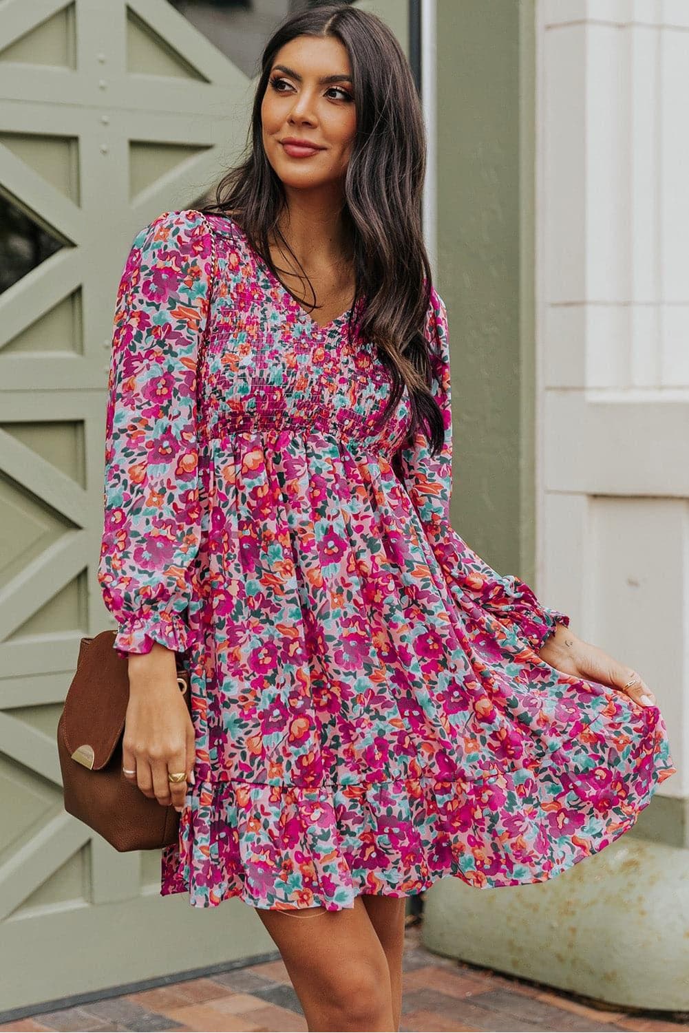 Floral Smocked V-Neck Flounce Sleeve Dress - SwagglyLife Home & Fashion