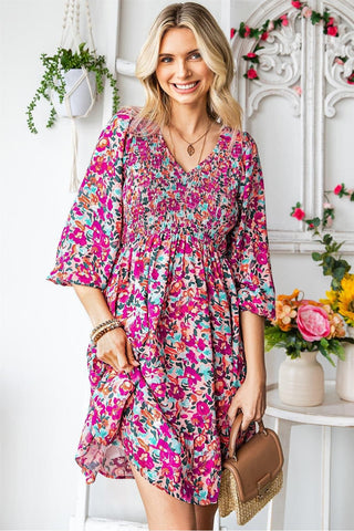 Floral Smocked V-Neck Flounce Sleeve Dress - SwagglyLife Home & Fashion