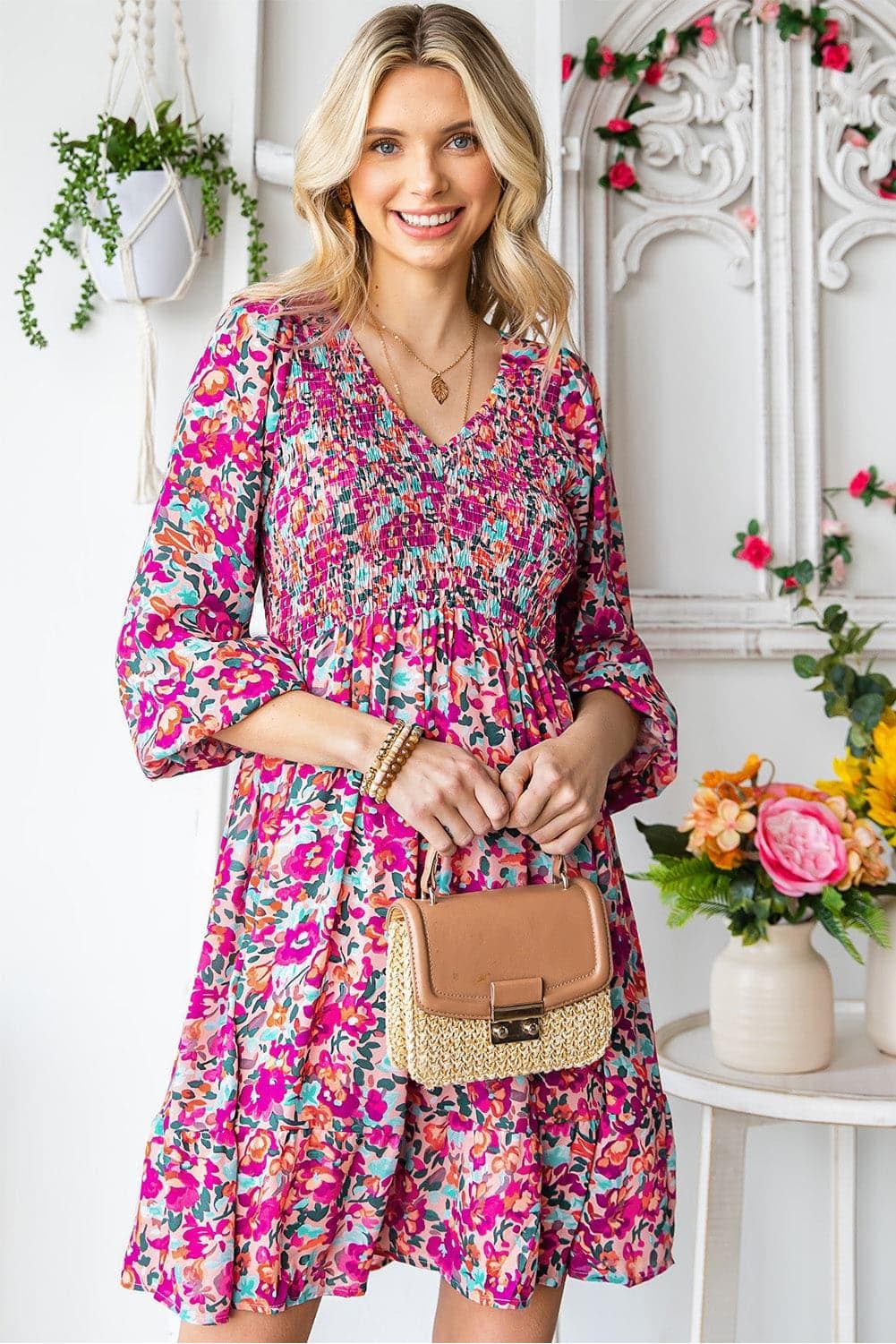 Floral Smocked V-Neck Flounce Sleeve Dress - SwagglyLife Home & Fashion