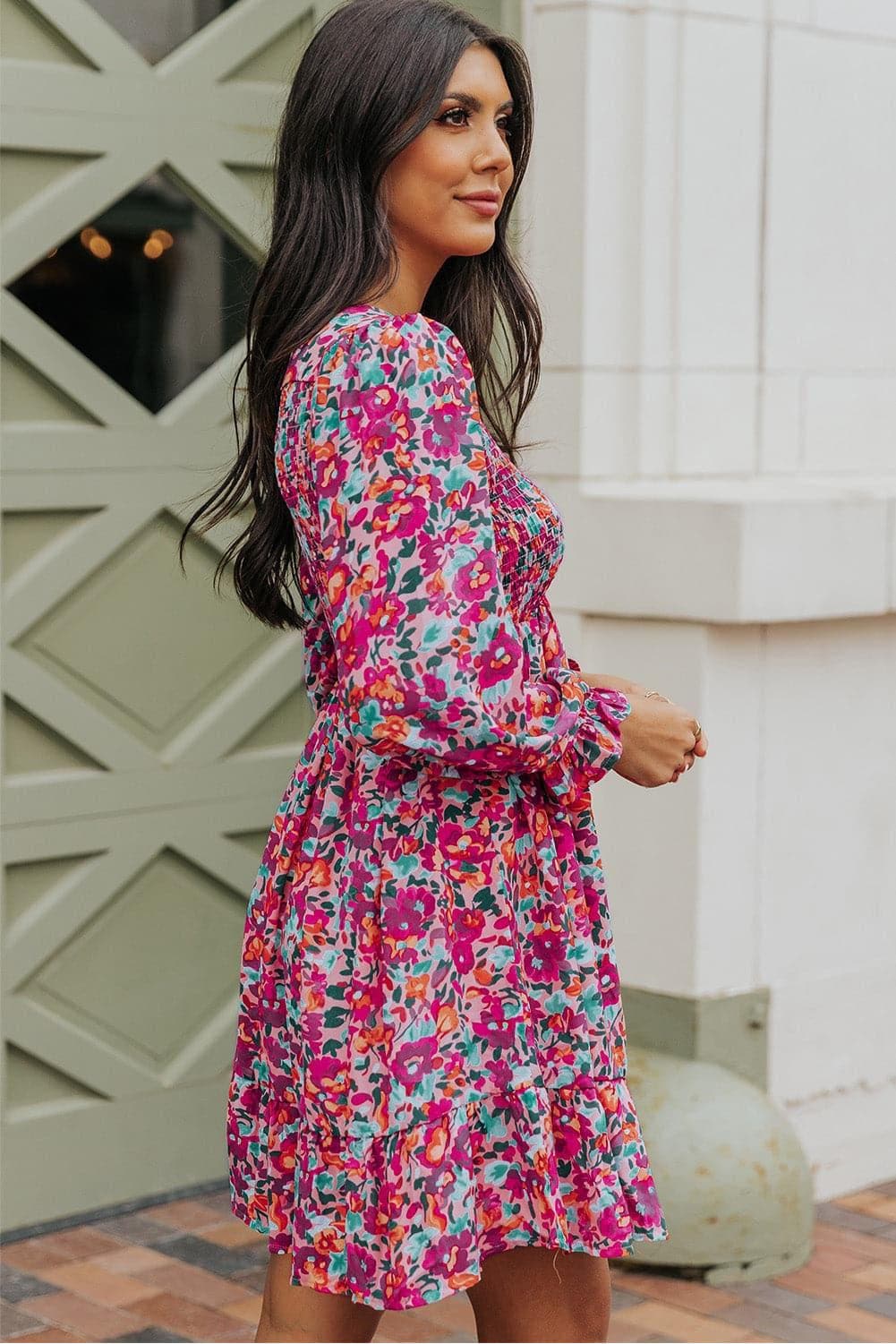 Floral Smocked V-Neck Flounce Sleeve Dress - SwagglyLife Home & Fashion